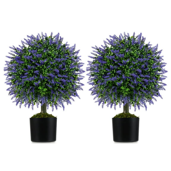 Gymax Set of 2 Artificial Lavender Topiary Ball Trees 23'' Faux Boxwood Ball Tree