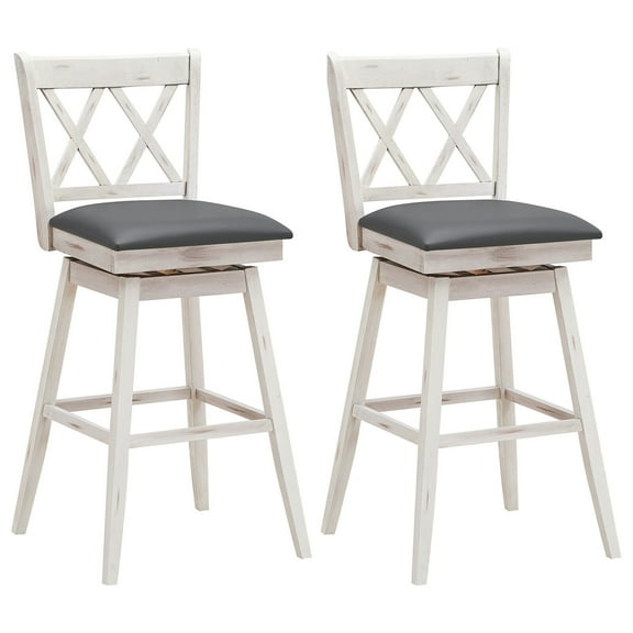 Gymax Set of 2 Barstools Swivel Bar Height Chairs with Rubber Wood Legs Antique White