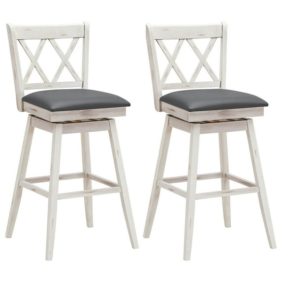 Gymax Set of 2 Barstools Swivel Bar Height Chairs with Rubber Wood Legs Antique White