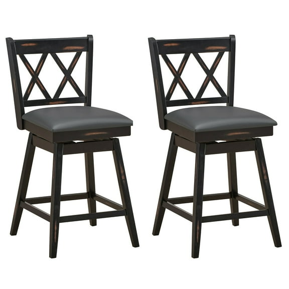 Gymax Set of 2 Barstools Swivel Counter Height Chairs w/Rubber Wood Legs Black