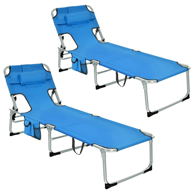 Gymax Set of 2 Beach Chaise Lounge Chair Folding Reclining Chair w/ Facing Hole Blue