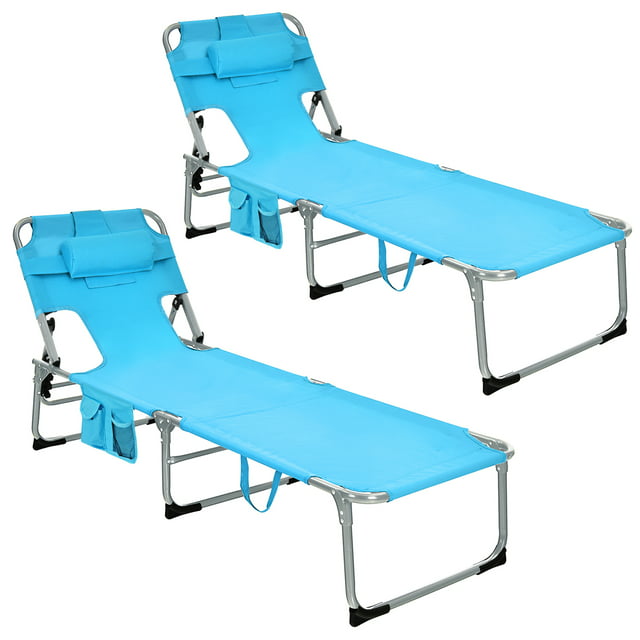 Gymax Set of 2 Beach Chaise Lounge Chair Folding Reclining Chair w/ Facing Hole Turquoise