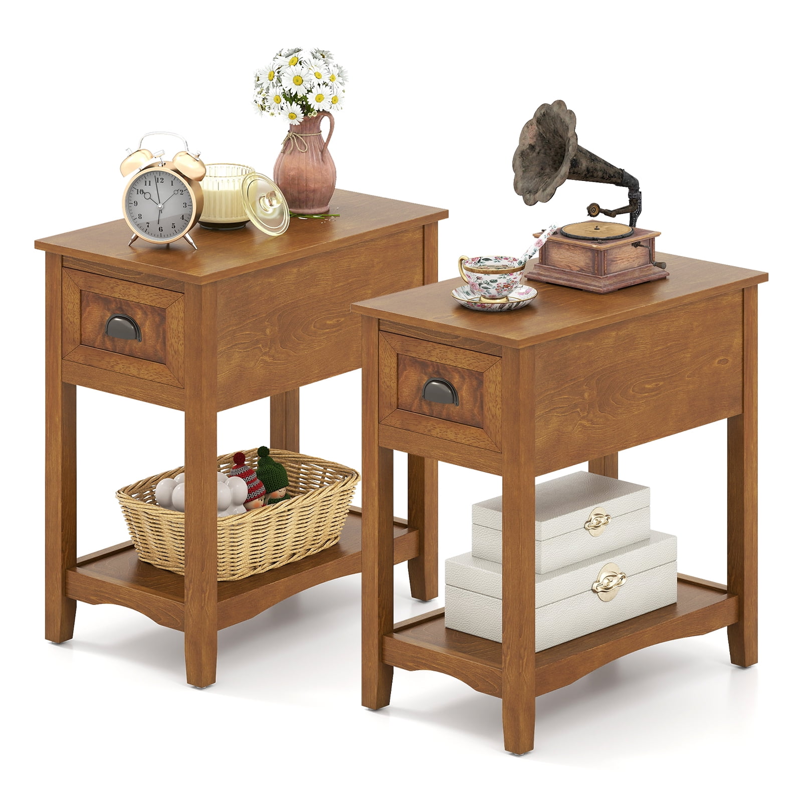 Gymax Set of 2 Contemporary Side End Table Compact Table w/ Drawer Nightstand Tawny