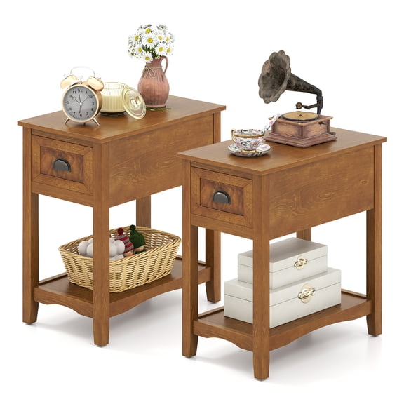 Gymax Set of 2 Contemporary Side End Table Compact Table w/ Drawer Nightstand Tawny
