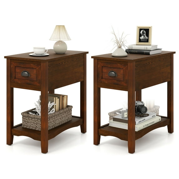 Gymax Set of 2 Contemporary Side End Table Compact Table w/ Drawer Nightstand Walnut