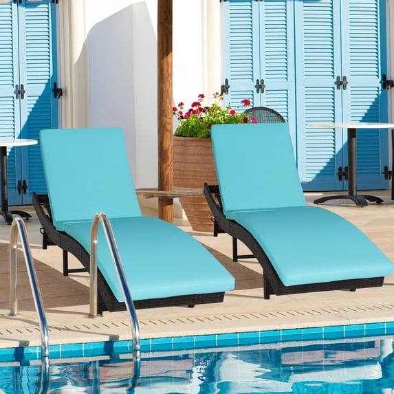Gymax Set of 2 Foldable Patio Rattan Chaise Lounge Chair w/5 Back Positions Turquoise Cushion