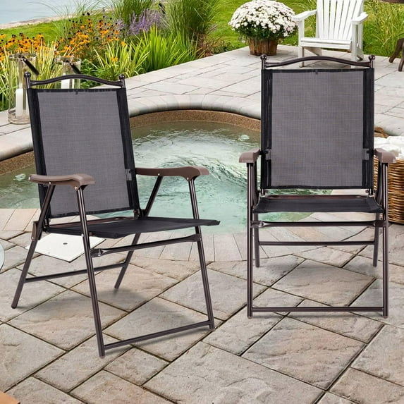Gymax Set of 2 Folding Patio Furniture Sling Back Chairs Outdoors Black