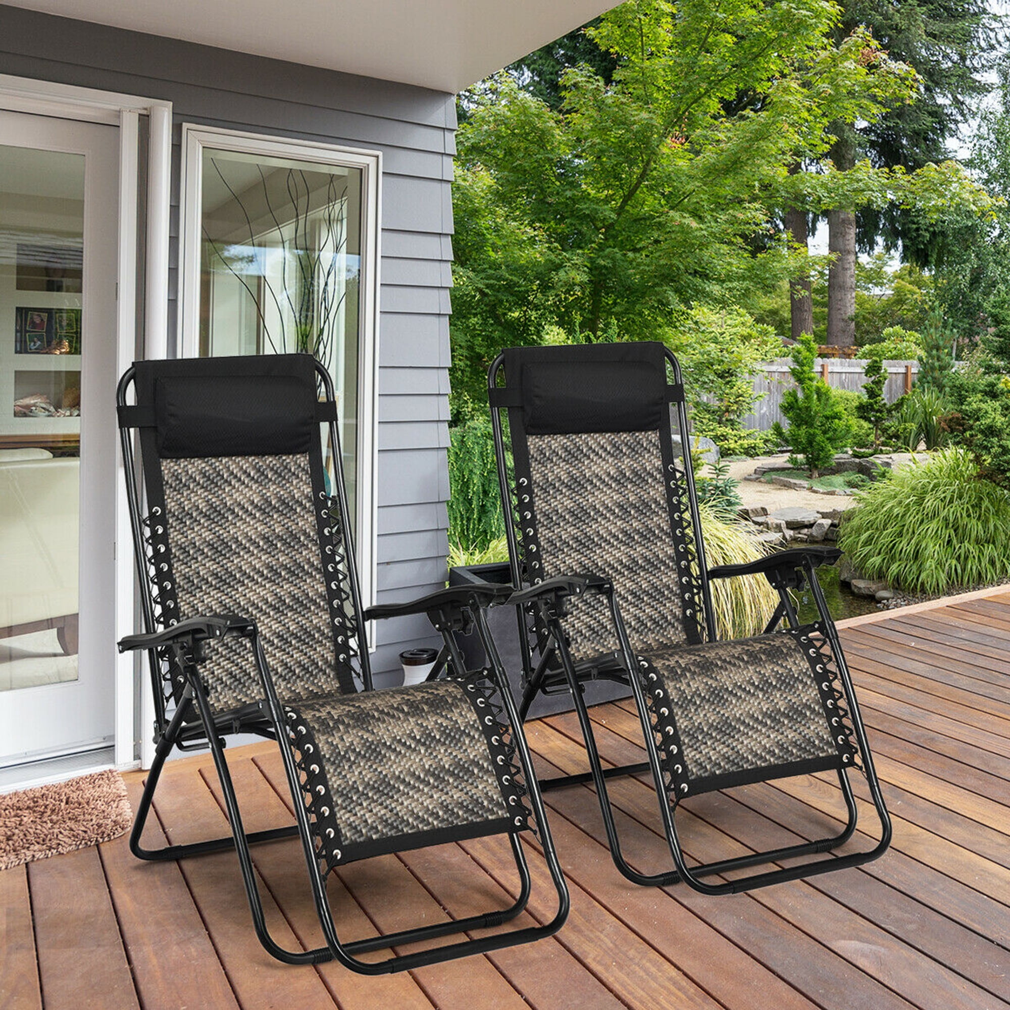 Set of 2 Black and Rattan Zero Gravity Lounger Chairs with Cushions