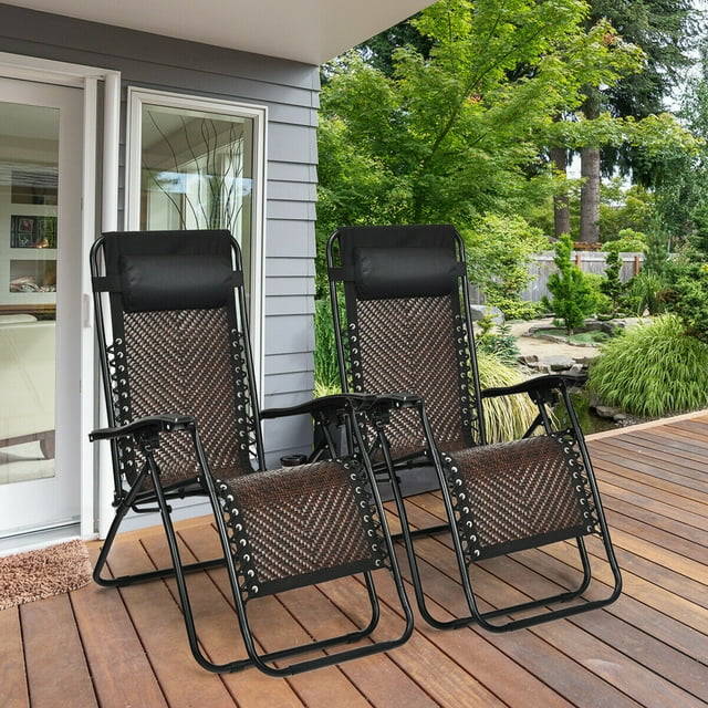 Gymax Set of 2 Folding Rattan Patio Zero Gravity Lounge Chair Recliner
