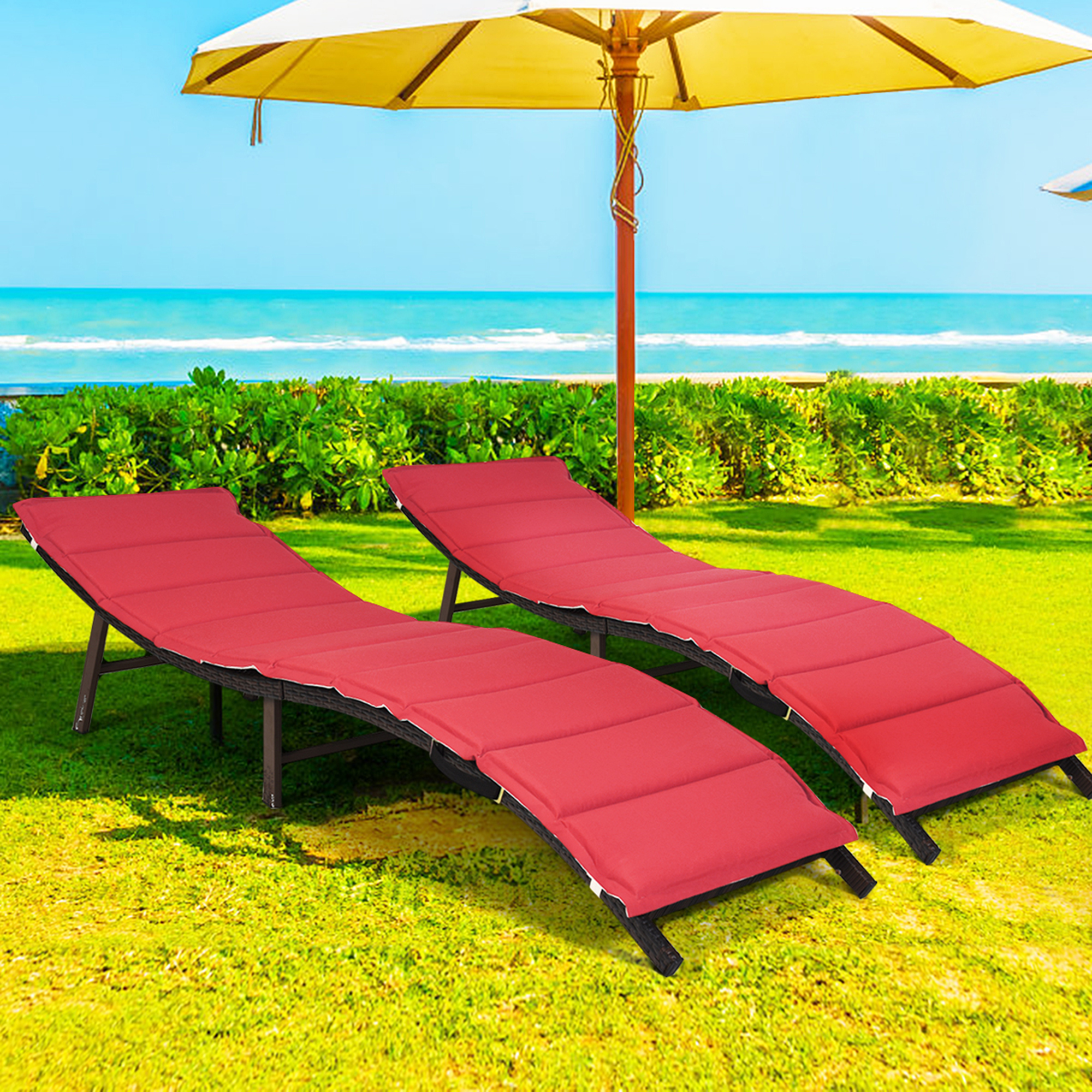 Gymax Set of 2 Folding Wicker Chaise Portable Lounge Chair w/  Double Sided Cushion - image 1 of 9