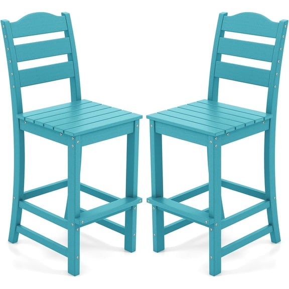 Gymax Set of 2 HDPE Bar Stool Patio Tall Chair Backrest Footrest All Weather Turquoise