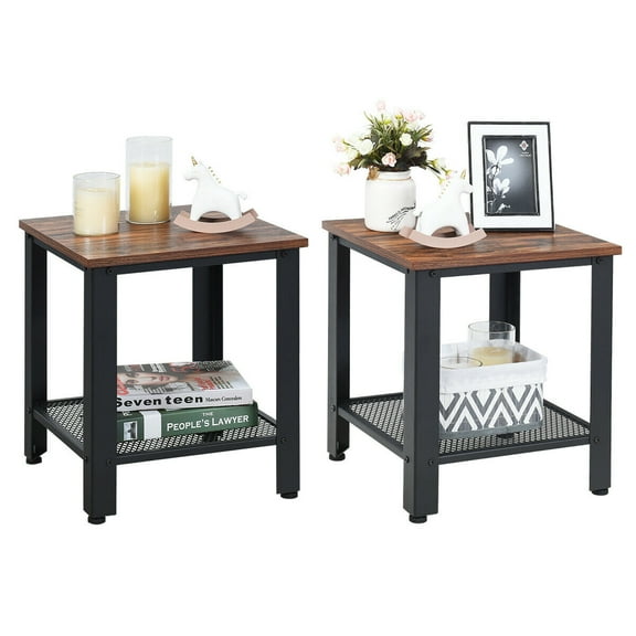 Gymax Set of 2 Industrial End Table 2Tier Side Table W/Storage Shelf Sofa Table Black