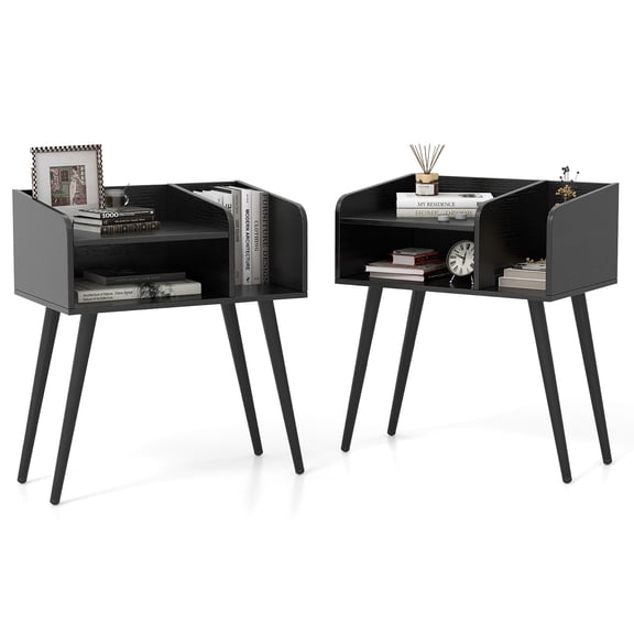 Gymax Set of 2 Mid Century Modern End Table w/ Open Shelves Metal Support Legs Black