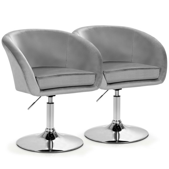 Gymax Set of 2 Modern Velvet Chair Height Adjustable Bar Stool Swivel Grey