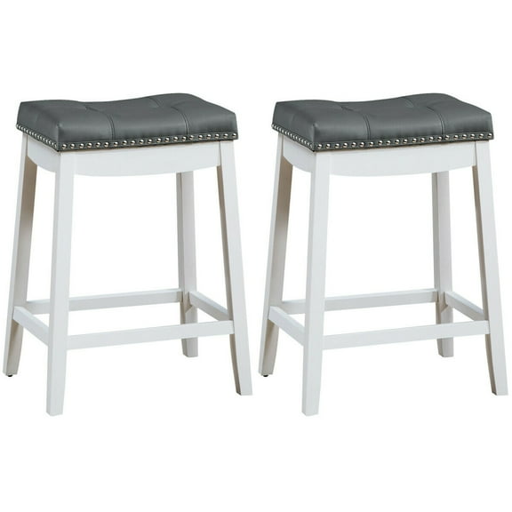Gymax Set of 2 Nailhead Saddle Bar Stools 24'' Counter Stools White with Grey Cushion