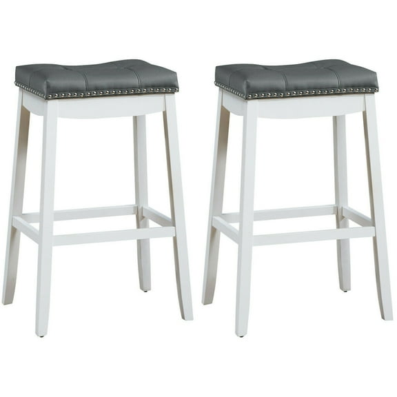 Gymax Set of 2 Nailhead Saddle Bar Stools 29'' Pub Chairs with Rubber Wood Legs White