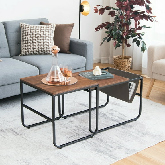 Gymax Set of 2 Nesting Coffee Table Industrial Stackable Side Table w/ Magazine Holder