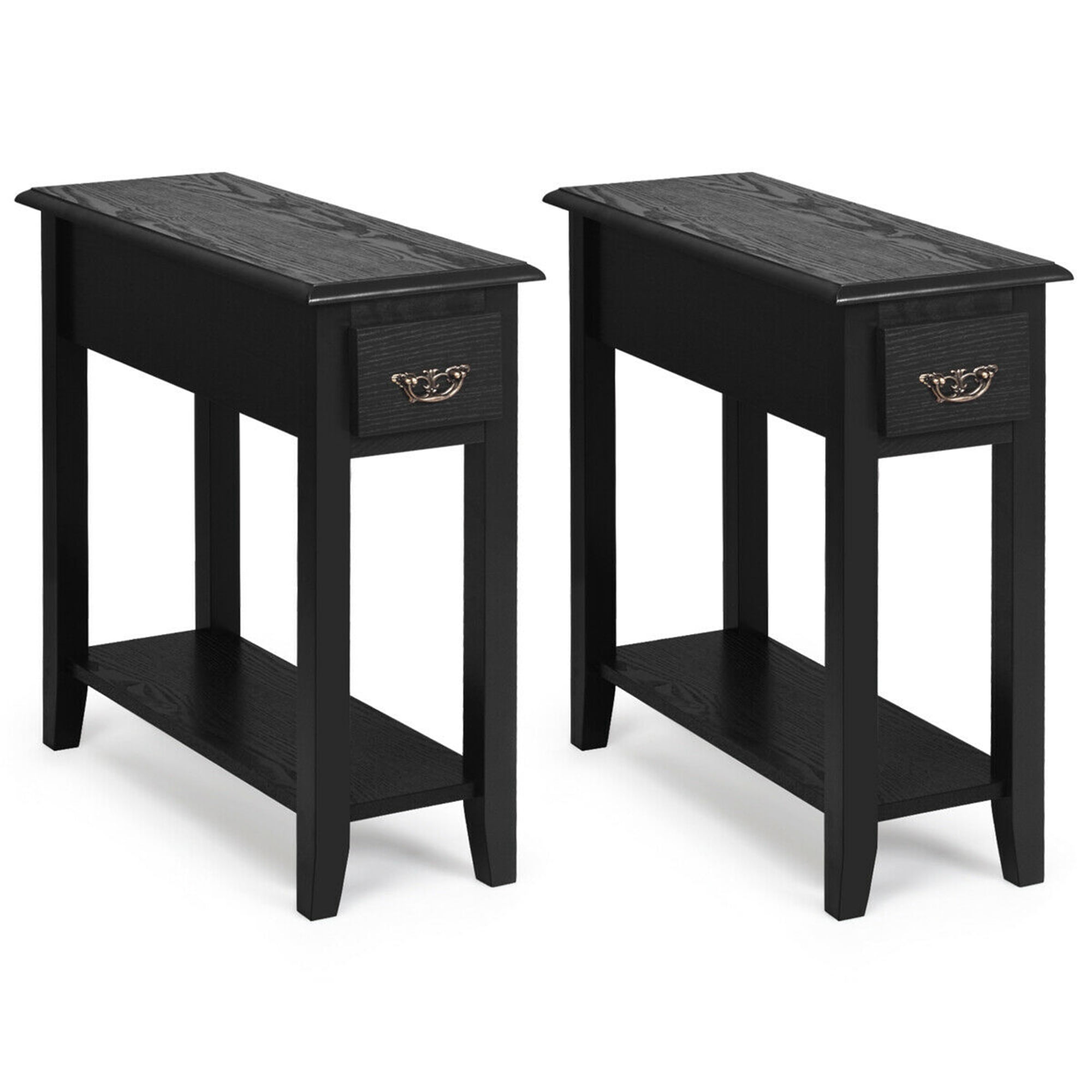 Gymax Set of 2 Nightstand 2-Tier Side Table End Bedside Sofa with Drawer & Shelf, Black
