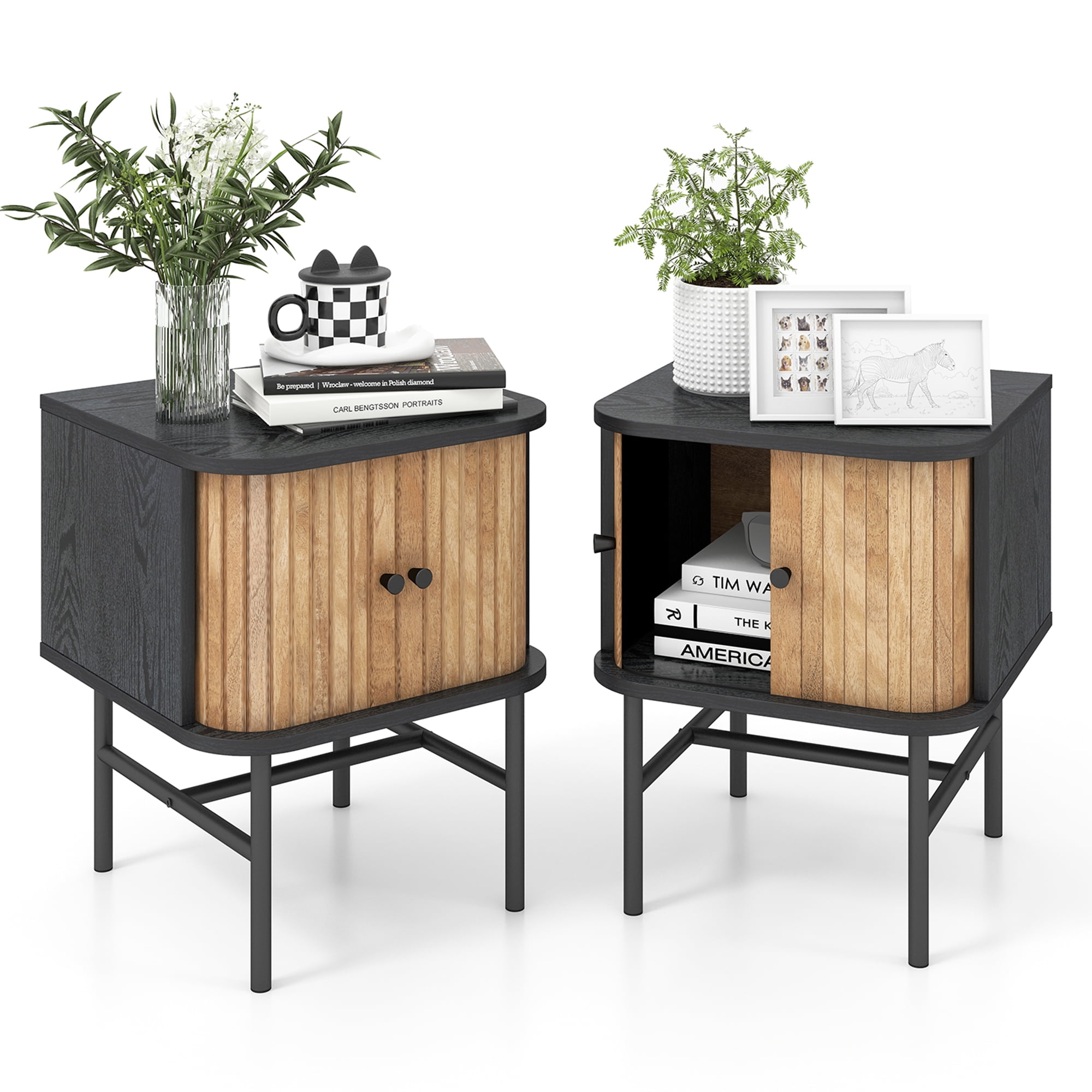 Set of 2 Black and Natural Wood Nightstands with Sliding Doors