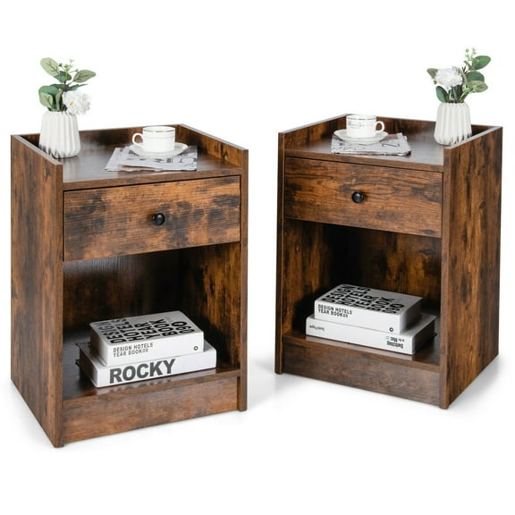 Gymax Set of 2 Nightstand with Drawer Cabinet End Side Table Raised Top Rustic Brown
