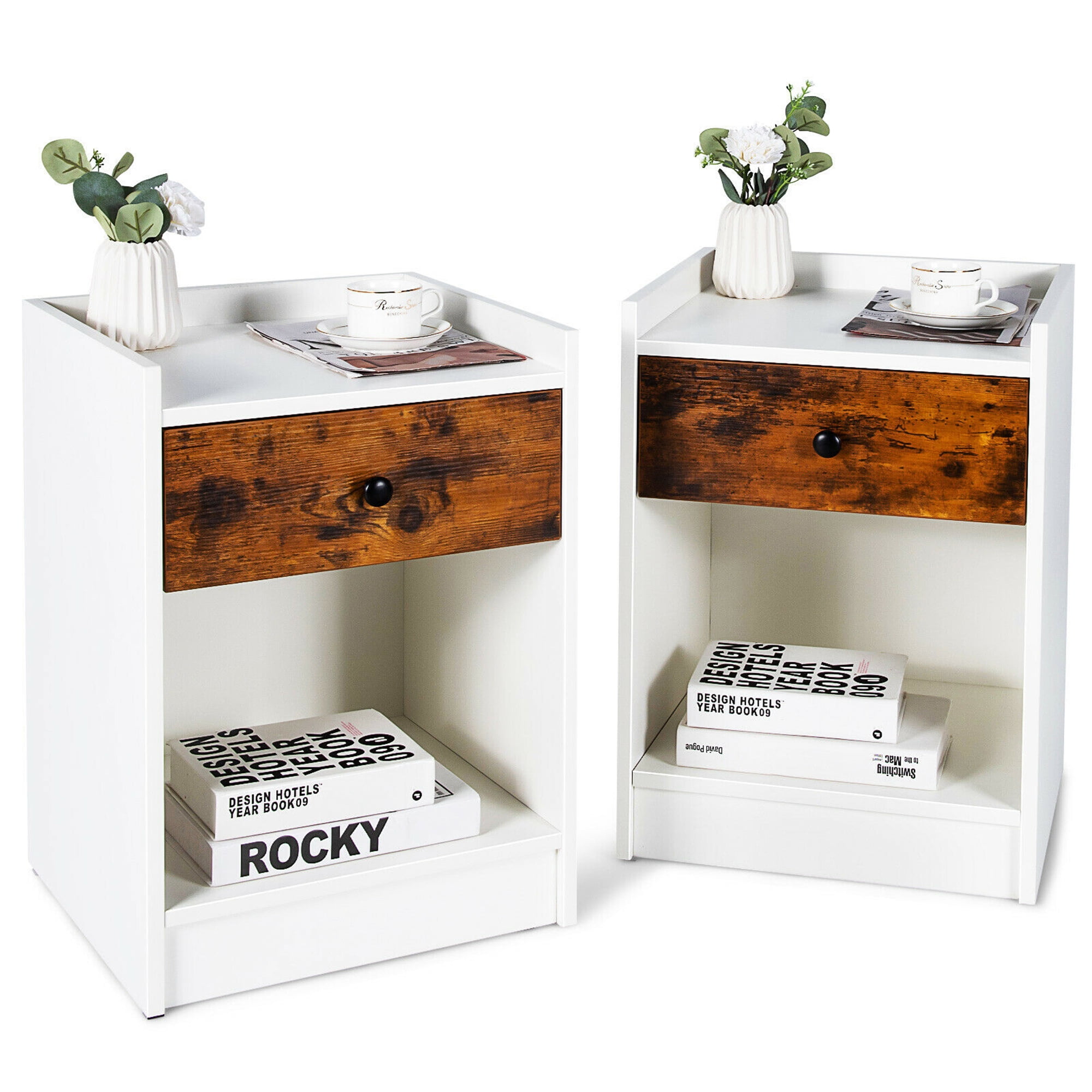 White and Brown MDF Nightstand Set with Drawer and Open Shelf