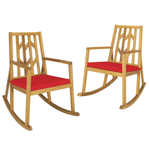 Gymax Set of 2 Outdoor Acacia Wood Rocking Chair Wooden Patio Rocker w/ Red Cushion