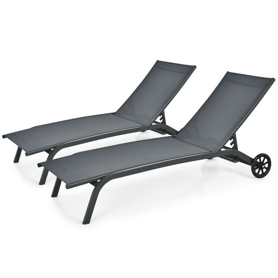 Gymax Set of 2 Outdoor Chaise Lounge Chair Adjustable Patio Recliner w/ Wheels Grey