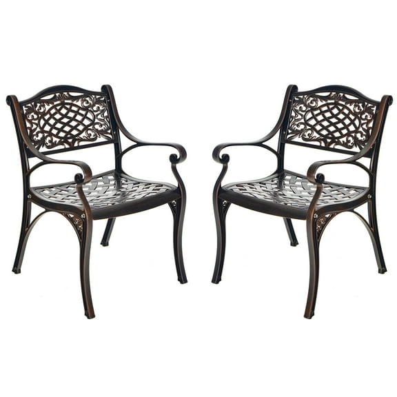 Gymax Set of 2 Outdoor Dining Chairs Cast Aluminum Patio Bistro Chairs Armchairs