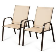 Gymax Set of 2 Patio Chairs Dining Chairs w/ Steel Frame Yard Outdoor Beige