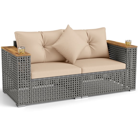 Gymax Set of 2 Patio Corner Sofa Set w/Thick Cushions Wide Acacia Wood Armrests for Garden Beige