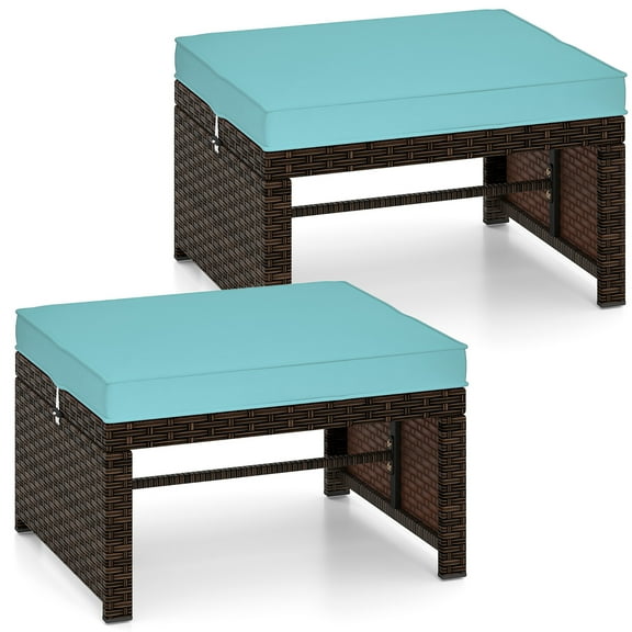 Gymax Set of 2 Patio PE Rattan Ottomans w/ Soft Zippered Cushions for Deck Outdoor Turquoise