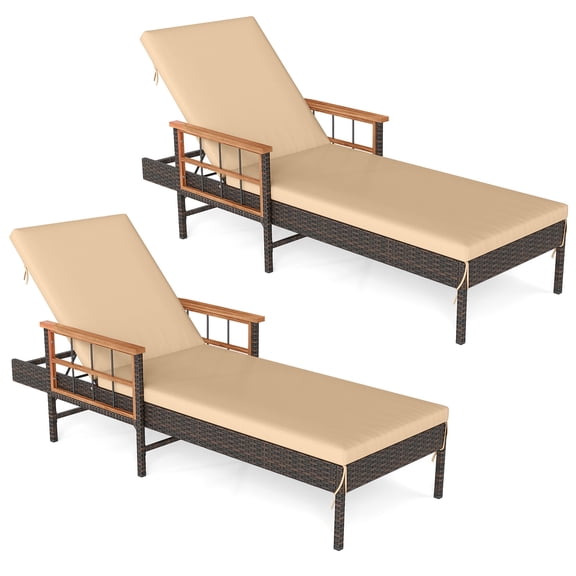 Gymax Set of 2 Patio Rattan Chaise Lounge Outdoor Reclining Lounger Chair w/ Wood Armrests White