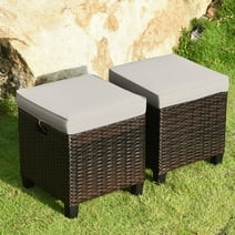Gymax Set of 2 Patio Rattan Ottoman Footrest Garden Outdoor w/ Brown Cushion