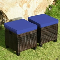 Gymax Set of 2 Patio Rattan Ottoman Footrest Garden Outdoor w/ Navy Cushion