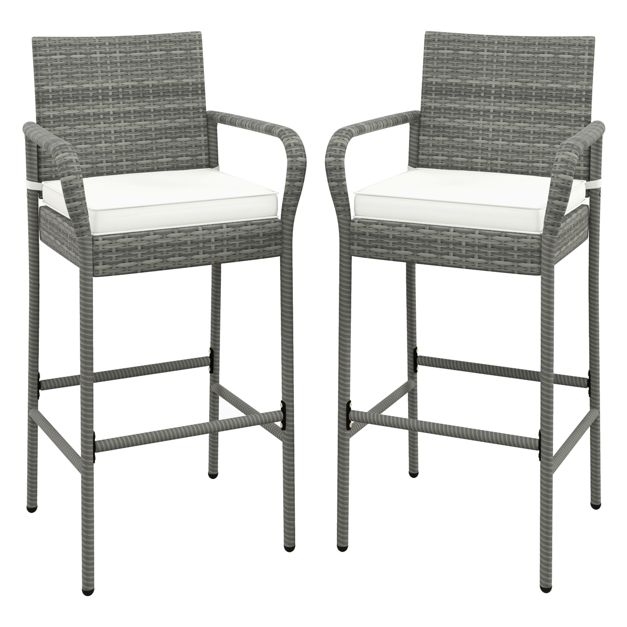 Gymax Set of 2 Rattan Patio Bar Stools Outdoor Bar Height Chairs w/ Cushions