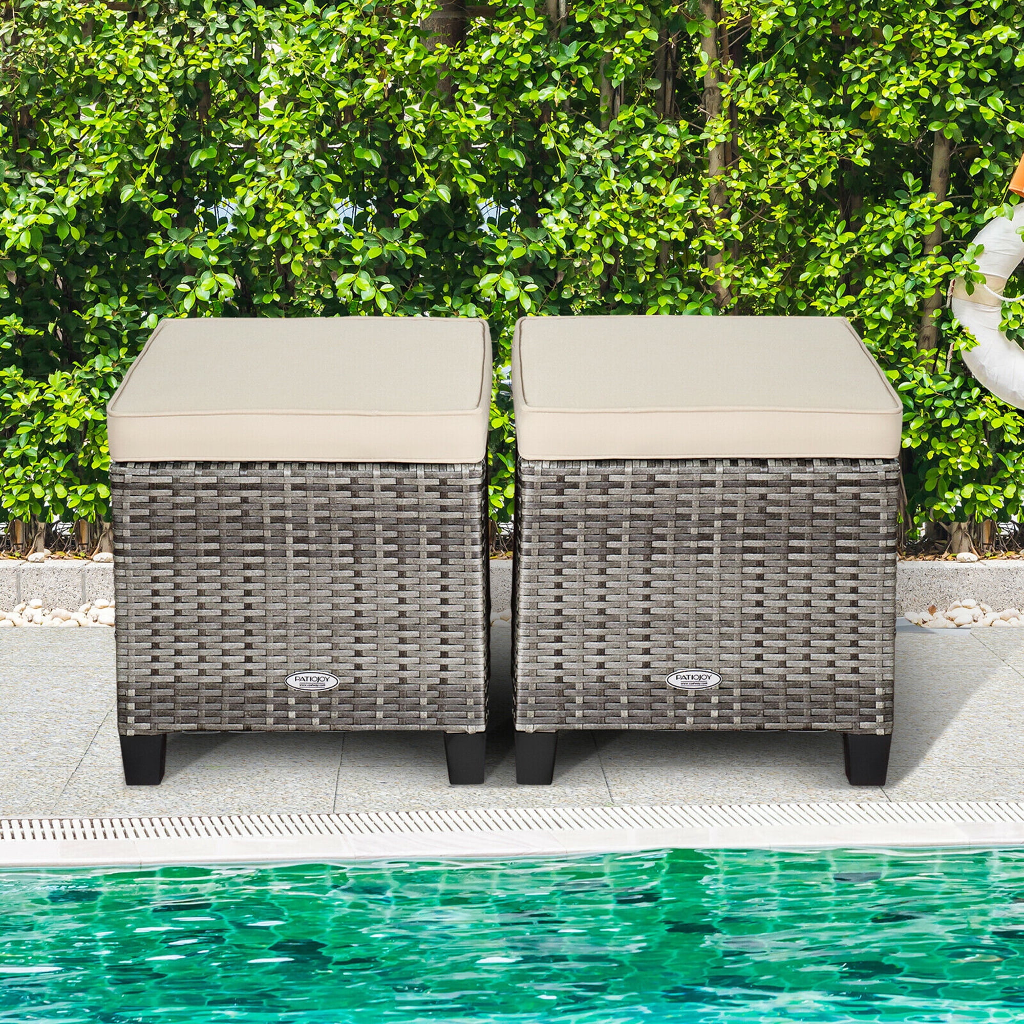 Gymax Set of 2 Rattan Patio Ottoman Footstools with Beige Cushions ...
