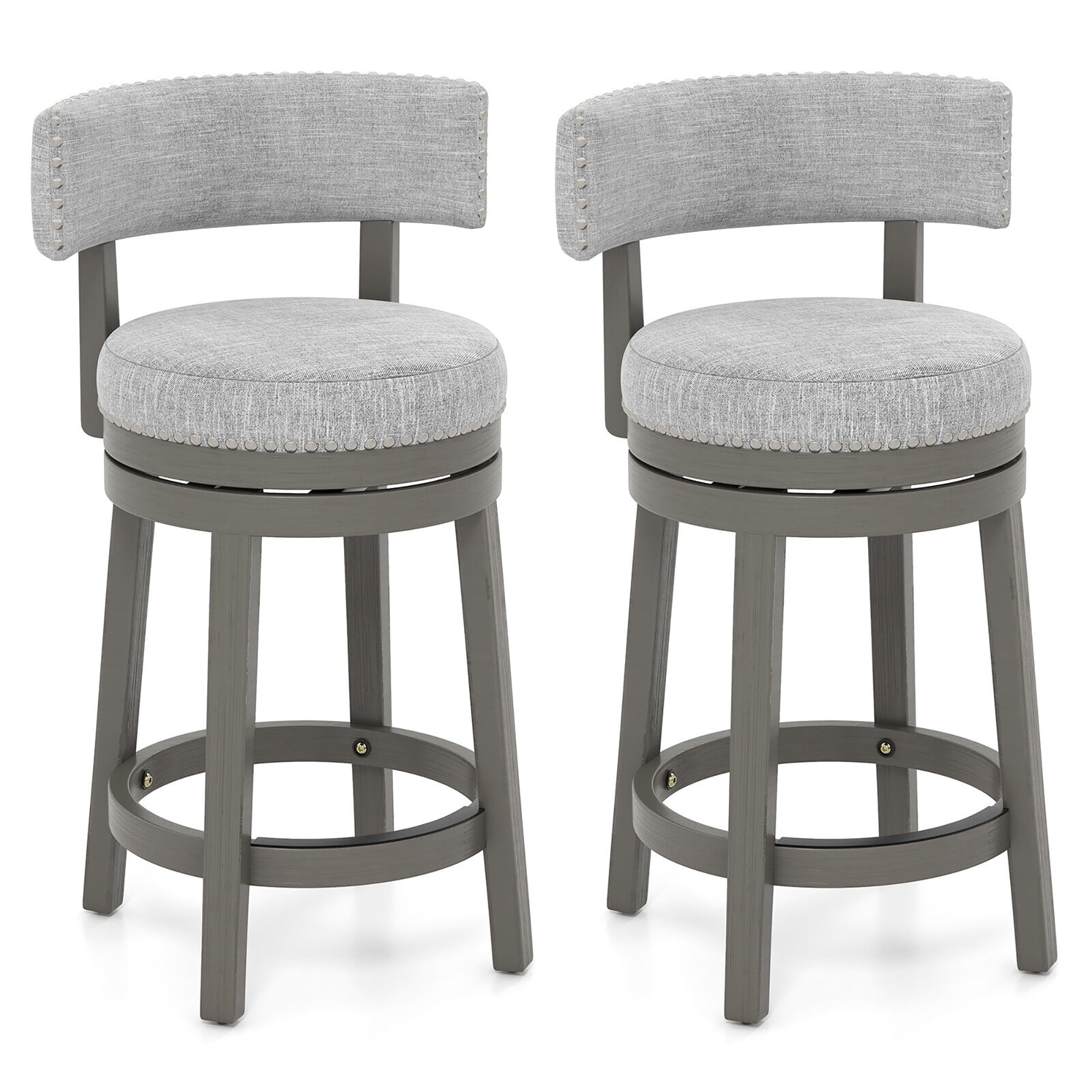 Gray Upholstered Swivel Bar Stools with Rubber Wood Legs, Set of 2