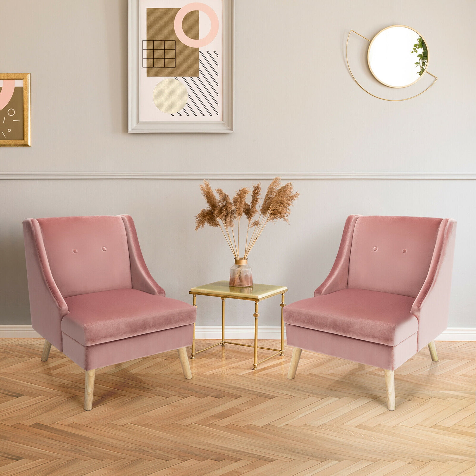 Gymax Velvet Upholstered Swoop Arm Accent Chairs with Rubber Wood Legs, Pink