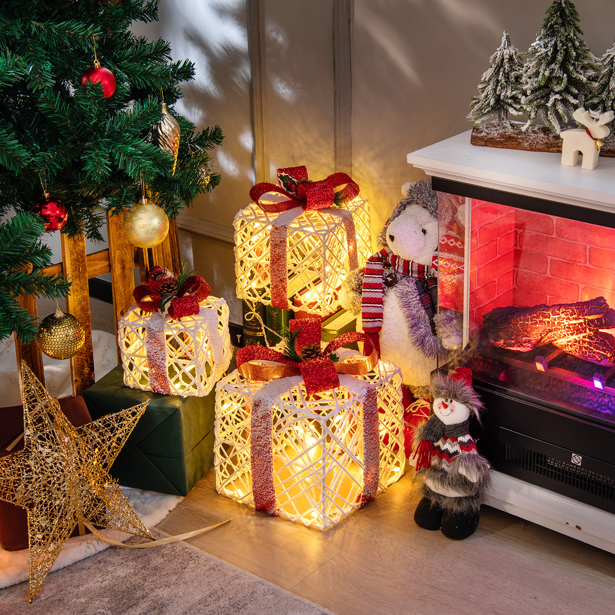 Gymax Set of 3 Christmas Present Boxes Festival Lighted Decor Boxes w ...