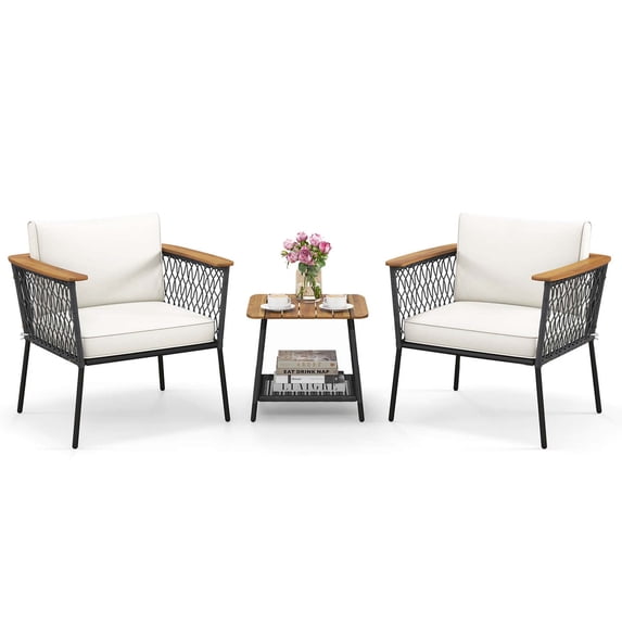 Gymax Set of 3 Furniture Set w/ 2-Tier Coffee Table Acacia Wood Armrests Tabletop Patio