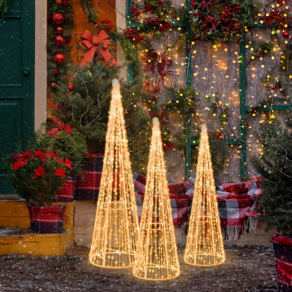 Gymax Set of 3 Lighted Christmas Cone Trees Glittered Christmas Tree Decoration