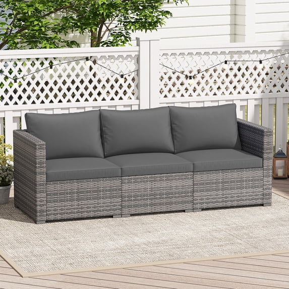 Gymax Set of 3 Patio Sectional Sofa Set PE Rattan Modular Couch Furniture Set w/Cushions Grey
