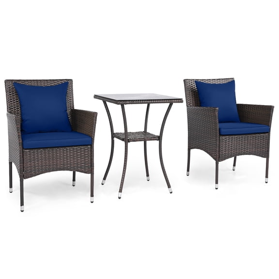 Gymax  Set of 3 Patio Wicker Bistro Set 2 Rattan Chairs w/Double-Tier Tempered Glass Table Blue