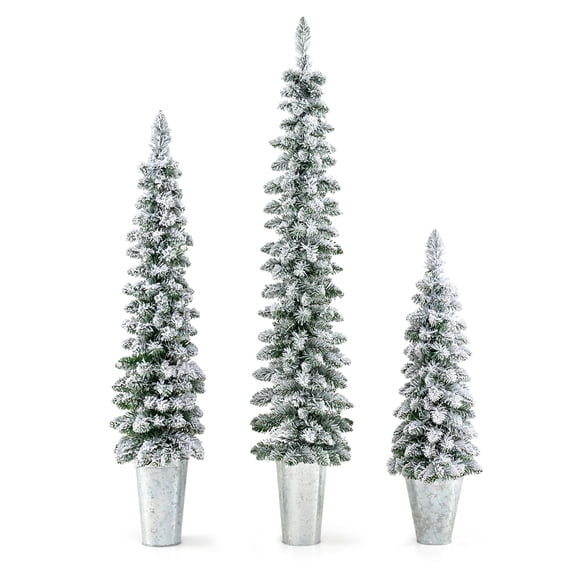 Gymax Set of 3 Pre-Lit Snow Flocked Artificial Christmas Trees 3 4 5 FT Slim Pencil Potted Xmas Tree