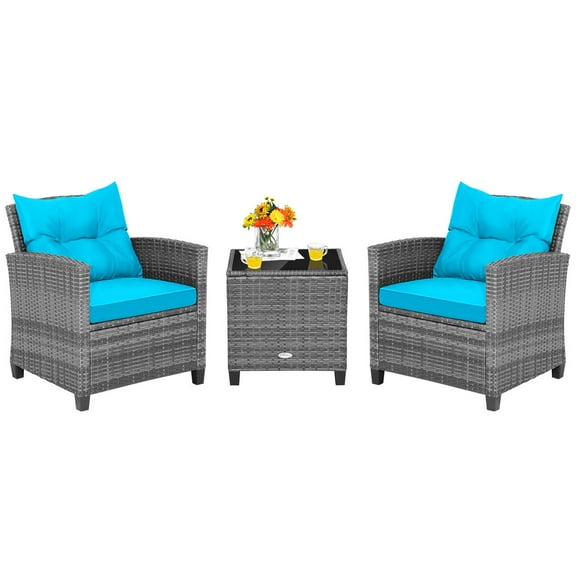 Gymax Set of 3 Rattan Furniture Bistro Set Cushioned Sofas Side Table Armrest Turquoise