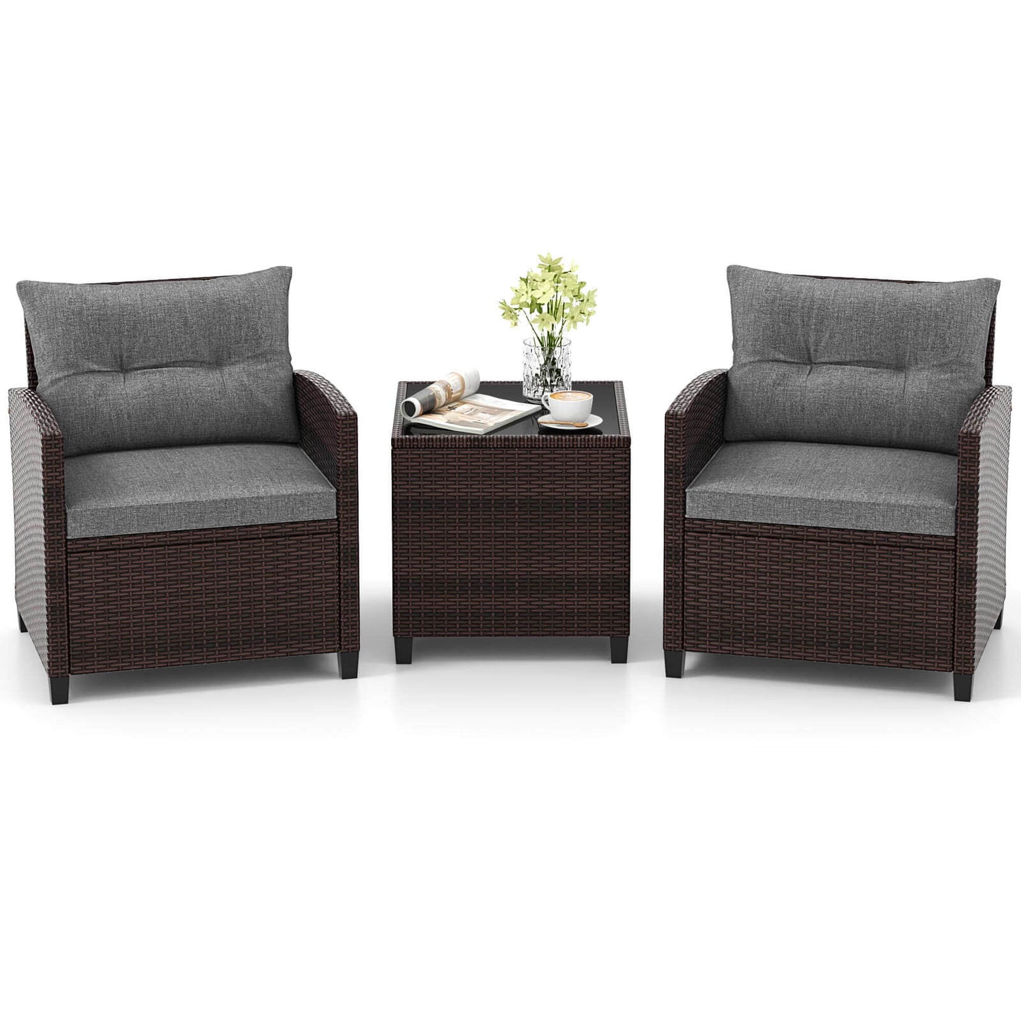 Gymax Set of 3 Rattan Furniture Set Patio Cushioned Conversation Set Sofa Gray