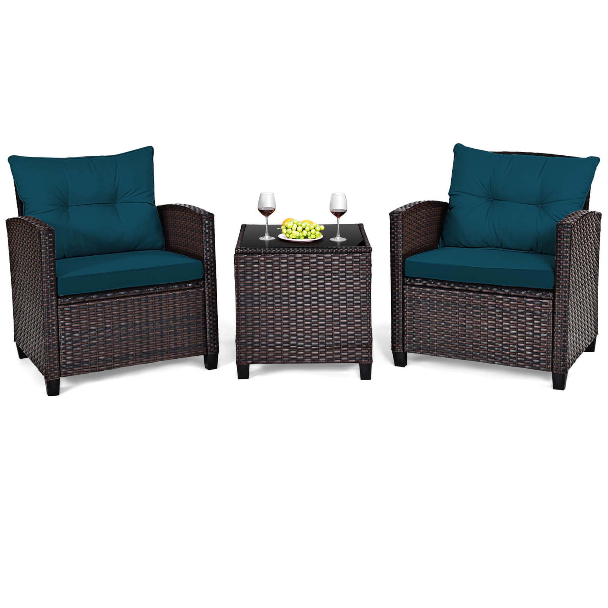 Gymax Set of 3 Rattan Furniture Set Patio Cushioned Conversation Set Sofa Peacock Blue