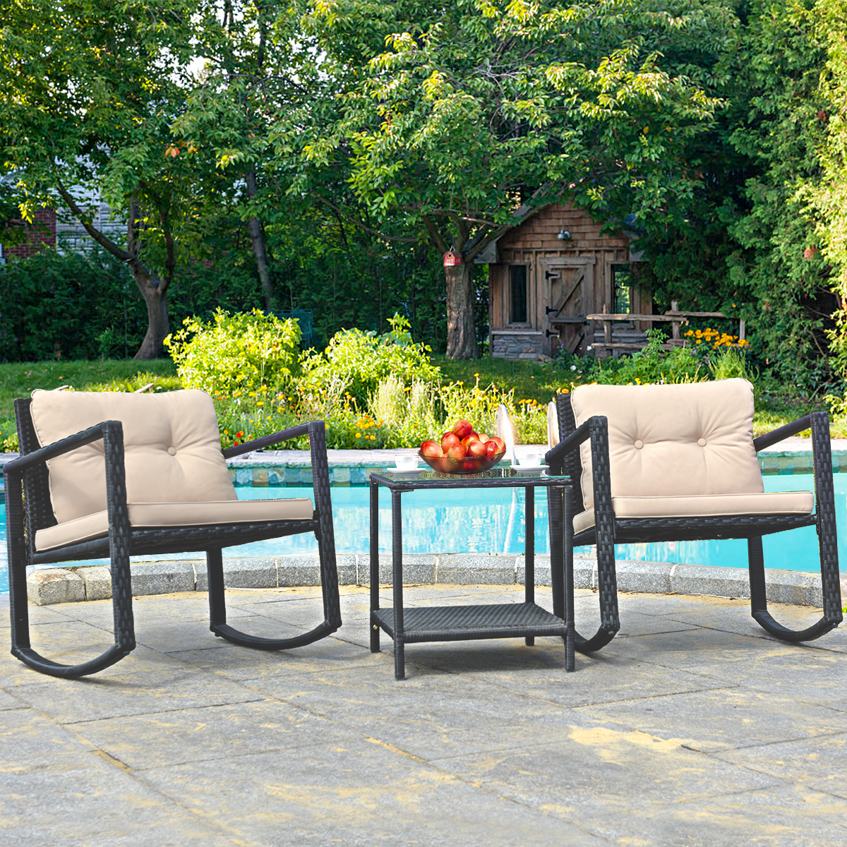 Gymax Set of 3 Rattan Rocking Chair Cushioned Sofa Unit Garden Patio Furniture - image 1 of 7