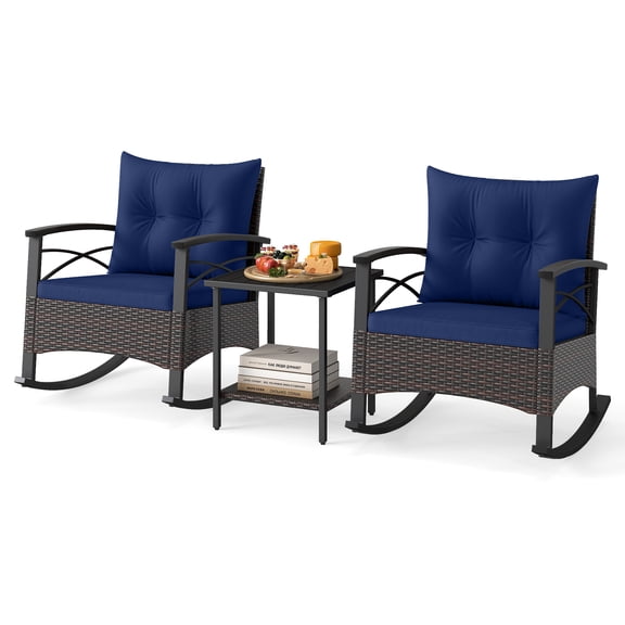 Gymax Set of 3 Rattan Rocking Chair Set w/Acacia Wood Tabletop Armrests for Porch Balcony Navy