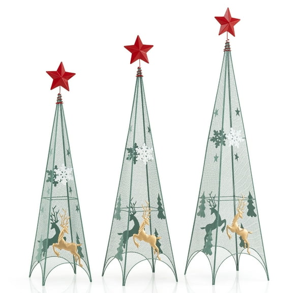 Gymax Set of 3 Tower Shaped Christmas Trees 3ft/3.5ft/4ft Artificial Xmas Metal